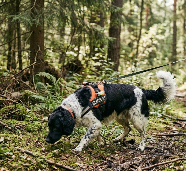 Een speurhond volgt met de neus aan de grond een geurspoor over het veld; de cursist volgt met de telefoon en zendt beeld en GPS uit.